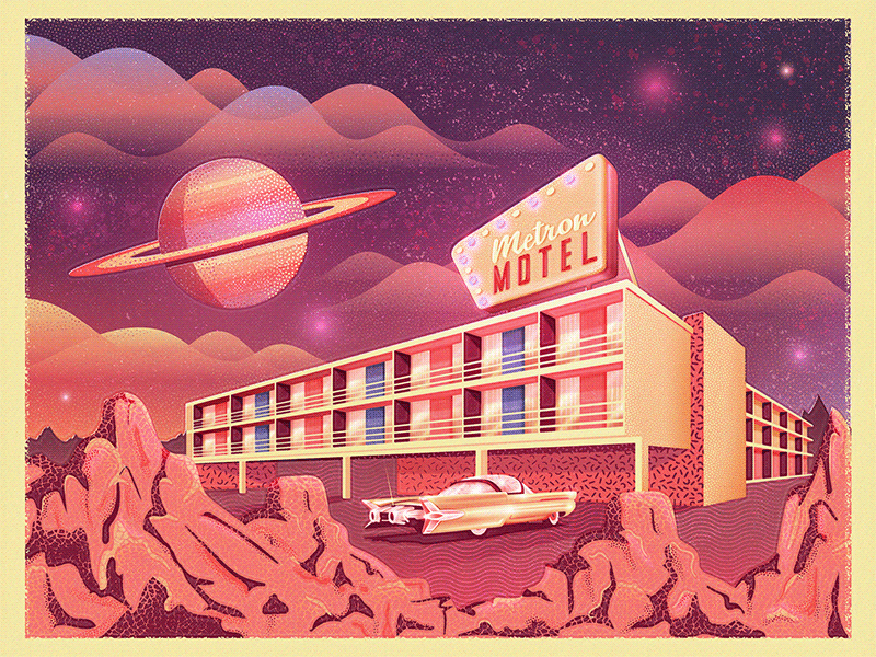 The Metron gif midcentury motel nebula neon planet purple retro space space car stars travel