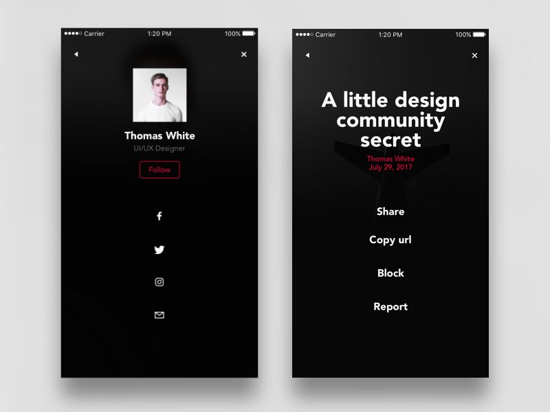 Photography app UI kit - more actions black clean dark design interface ios minimal minimalist photography typography ui ux