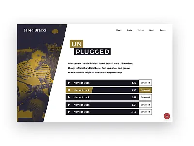 Jared Bracci Unplugged black diagonal download gold music musician play split stream web design website white