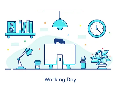 Working Day bookshelf clock coffee holder illustration lamp line pen plant working