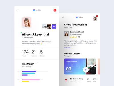 terhie - user profile & lesson details app cards dark education flat map ui ux