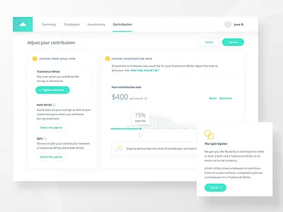 401K Contribution setup 401k activity admin contribution dashboard distribution finance information investment slider ui ux