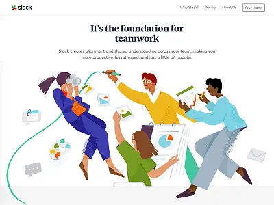 Slack.com redesign — Illustrations 01 characters collaboration documents expressive features illustration landing page slack teamwork website