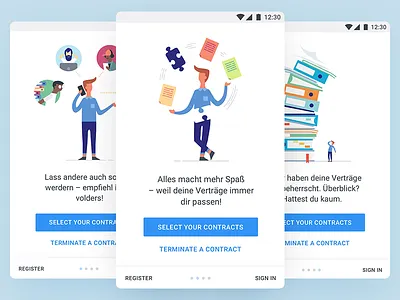 Onboarding Android - volders android character illustrations intro screens on boarding onboarding