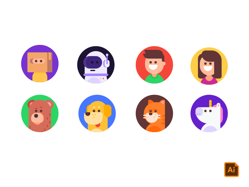 Avatar Set 👤 avatar character clean color design dogs flat icon illustration minimal unicorn vector