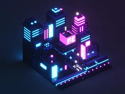 Isometric Neon City 3d city illustration low poly neon night voxel
