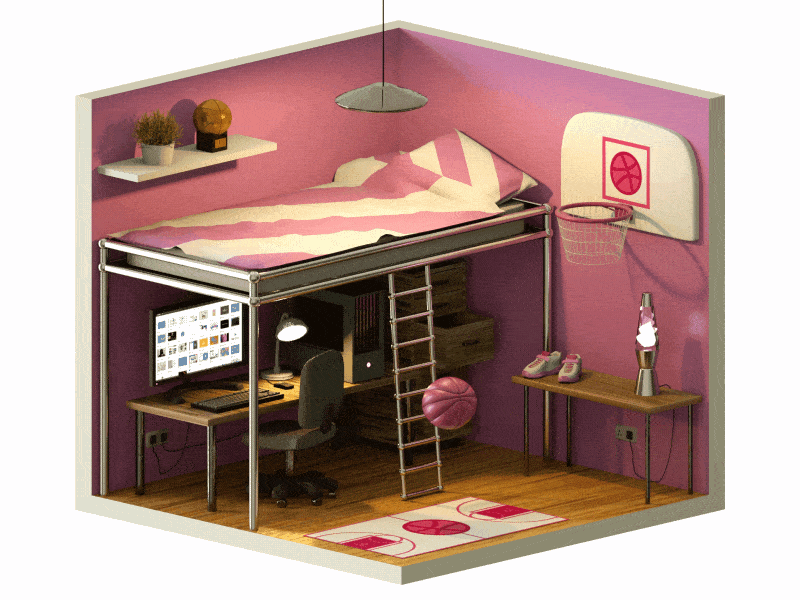 Isometric Room 1 // Dribbble Bedroom award basketball bedroom c4d court desk isometric lamp plant score shot trainers
