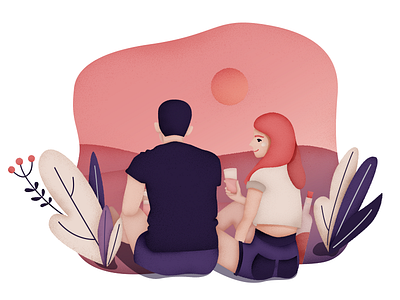 Sunset, Chill & Wine in plastic glasses characters illustration love man moments relax summer sunset wine woman