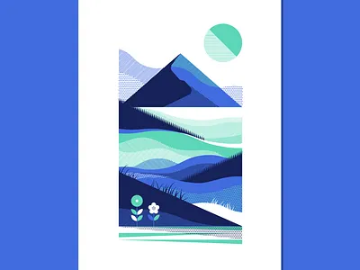 Blue Mountain Landscape Study abstract depth geometric grass halftone hill landscape line linear mountain sun tree