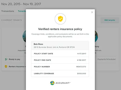 Verified Renters Insurance confirmation insurance interface modal renters insurance ui ux web website