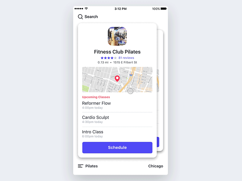 Browsing Concept app booking calendar cards compare fitness interaction map menu schedule timeline