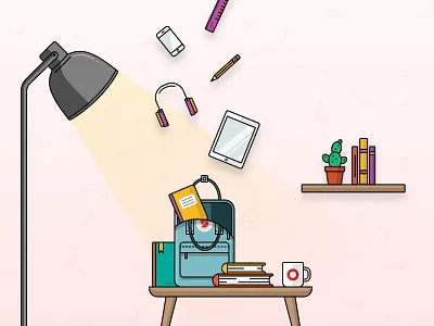 Back to school backpack books headphones lamp mobile phone mug pencil shelf skanken table tablet
