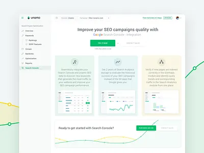 Unamo SEO: Search Console Landing Page app cta dashboard graph landing page menu sidebar tiles ui unamo ux