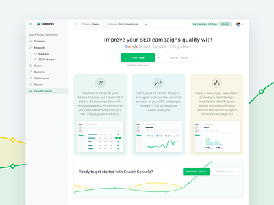 Unamo SEO: Search Console Landing Page app cta dashboard graph landing page menu sidebar tiles ui unamo ux