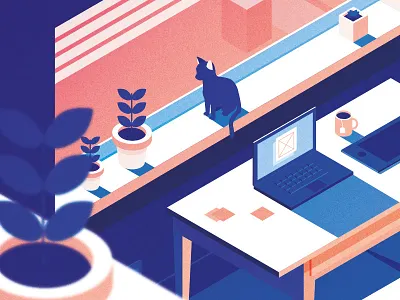 Closeup cat desk illustration isometric laptop office vector