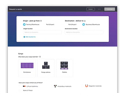 Quote request form gradient logistics purple radio selectors web
