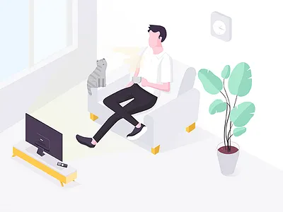 One man One cat cat clock desk illustration isometric man plant scene television