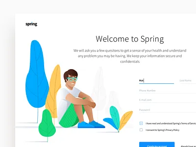 Spring Illustration blue clean green illustration man plant plants ui ux website white yellow