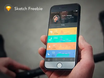 Sketch FREEBIE: iPhone 7 – Fitness App – Home Screen app design fitness free freebie health iphone mobile product sketch ui user interface