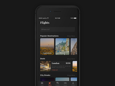 Travelisto UI Kit - Dark app filter free freebie ios ios 11 iphone list search sketch travel ui