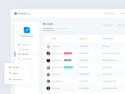 My Leads page dashboard details profile property tab tabs design tags ui user ux web