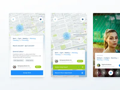 Worker App app cards flat light map profile ui ux work worker