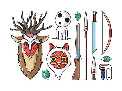 Princess Mononoke ashitaka colorful cute design icons illustration kawaii kodama miyazaki mononoke princess weapons