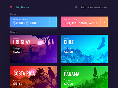 Trips App - Trip Planner v2 birds color forest hangout list mobile party planner travel trip ui ux