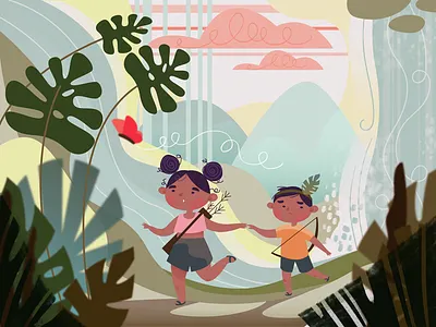 Archers butterfly character forest illustration jungle kids leaves nature siblings waterfall