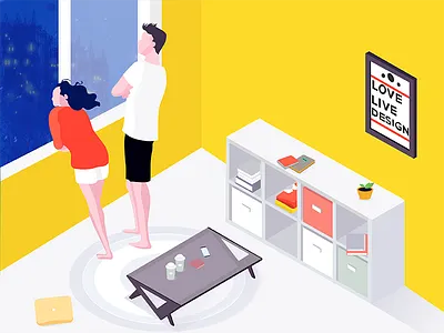 Evening breeze book coffee desk girl illustration isometric man plant scene