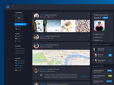 Dark UI Social Dashboard activity feed interface main minimal network person saas social ui user ux
