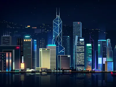 Hk bay color hong kong illustration landscape light neon night virtual