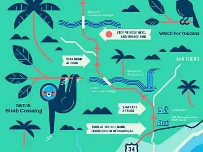 Rancho Pacifico map beach costa rica highway map palm rainforest roads sloth toucan trees tropical waterfall