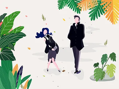 The fall is coming . autumn draw illustration lady leave man paint plant scene yellow