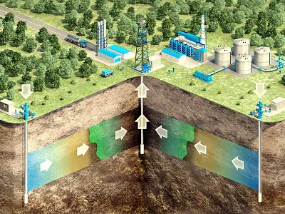 Oil production with injection ASP 3d 3d rendering cutaway extraction industry isometry layer oil production underground