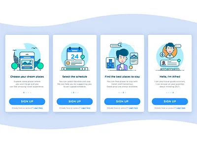 Travel App Onboarding with Chatbot's Support chatbot date homestay hotel illustration mobile app onboarding schedule signup travel ui ux