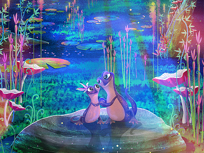 Moonlight Date animals character design concept art digital art digital painting drawing fantasy flowers love newt plants valentine