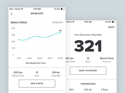 1-Rep Max Calculator App app design flat graph interface ios minimal mobile ui ux white