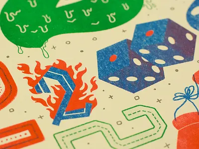 Ode to #2 design dice flames poster print riso risograph two