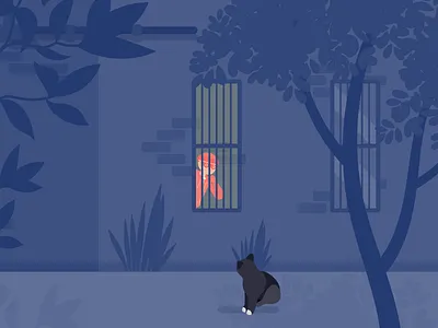 Knock Knock Who's There animal cat character graphic home house illustration light man material night window