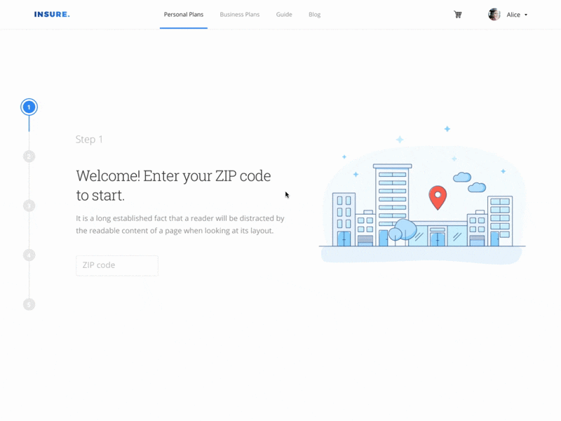 Insure Landing aggregator animation eleken health insurance insure landing steps ui ux wizard wizzard