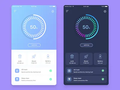 Cleaner Mobile App (Dark) battery best dribbble shot boost clean color dark app design junk optimize pie circle chart trash ux ui android ios app design