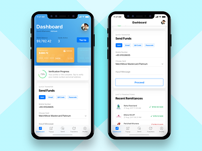 Remittance Wallet App - Dashboard app bank credit debit finance iphone x money payment transfer wallet