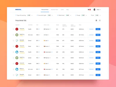 Insure Company List aggregator dashboard eleken health insurance insure list ui ux