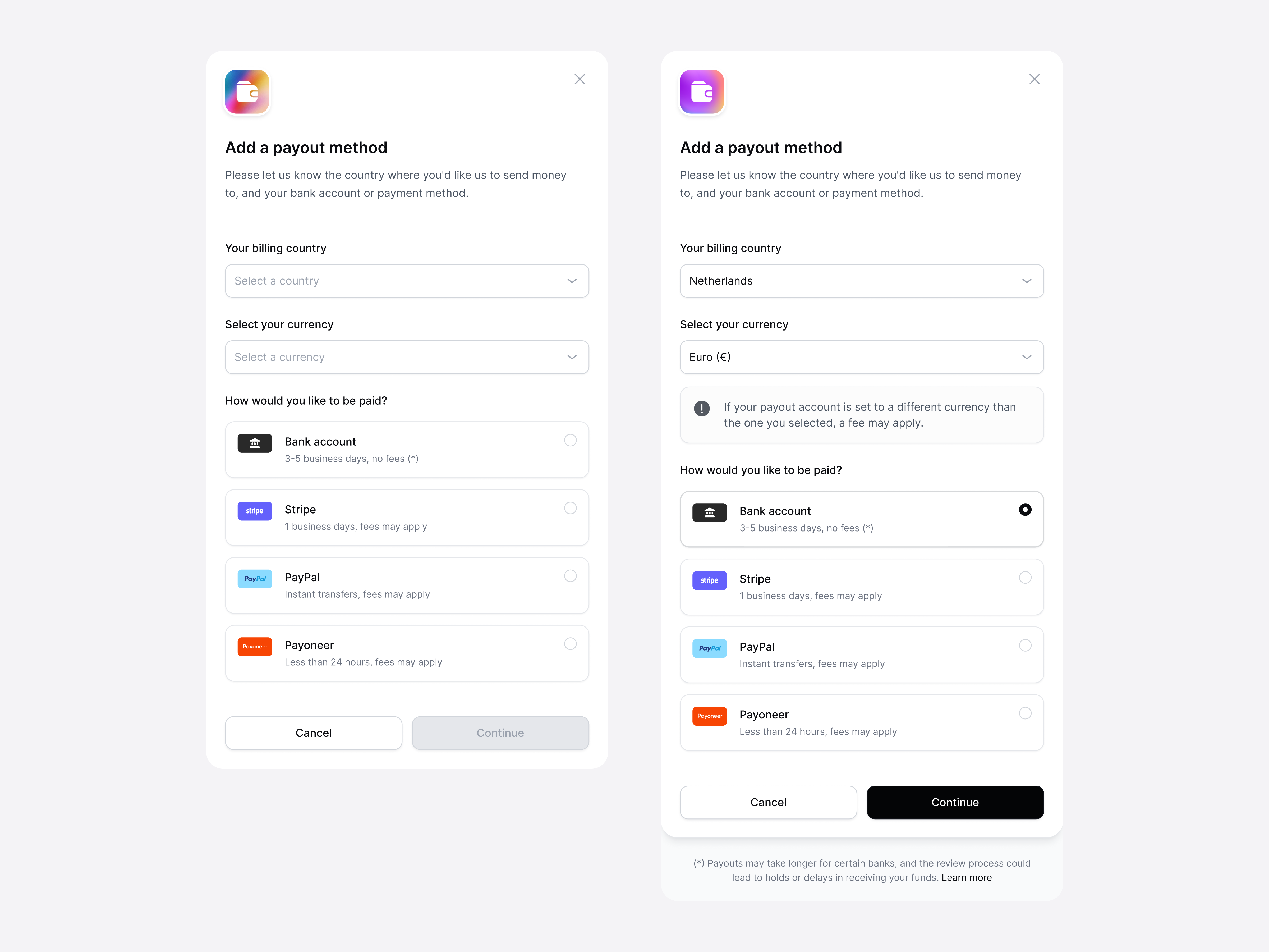 Payout Methods app design bank methods modal pay payment payment methods payout pop up strip ui ui design ux web app web design
