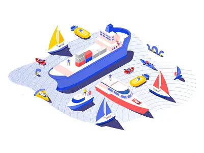 PORT Landing Page Illustration 2d boats flat geometry icon minimal patterns people shapes water