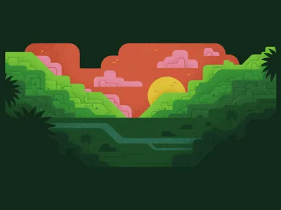 Sunrise character design editorial flat graphic illustration landscape simple texture tree vector water