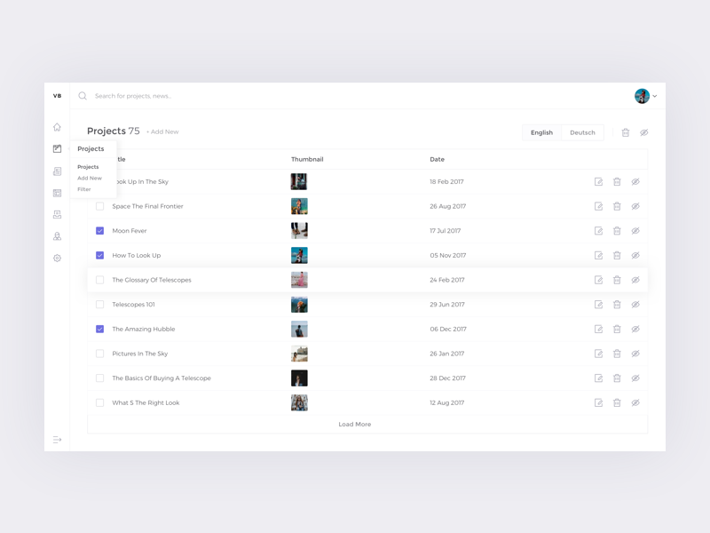 Example of Admin Panel - Projects