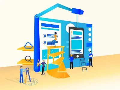 Web Design Process Illustration bright building construction creating depth design devices drawing illustration polish process website