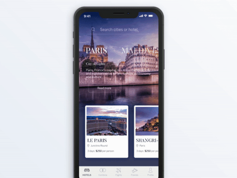 Exploring new interaction style animation dinning gif hotel interaction listing navigation swipe white